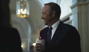 Emmy Nominated Kevin Spacey as Francis Underwood in the 3 Emmy winning “House of Cards” holding his Repurpose Compostable Cup placed by Green Product Placement